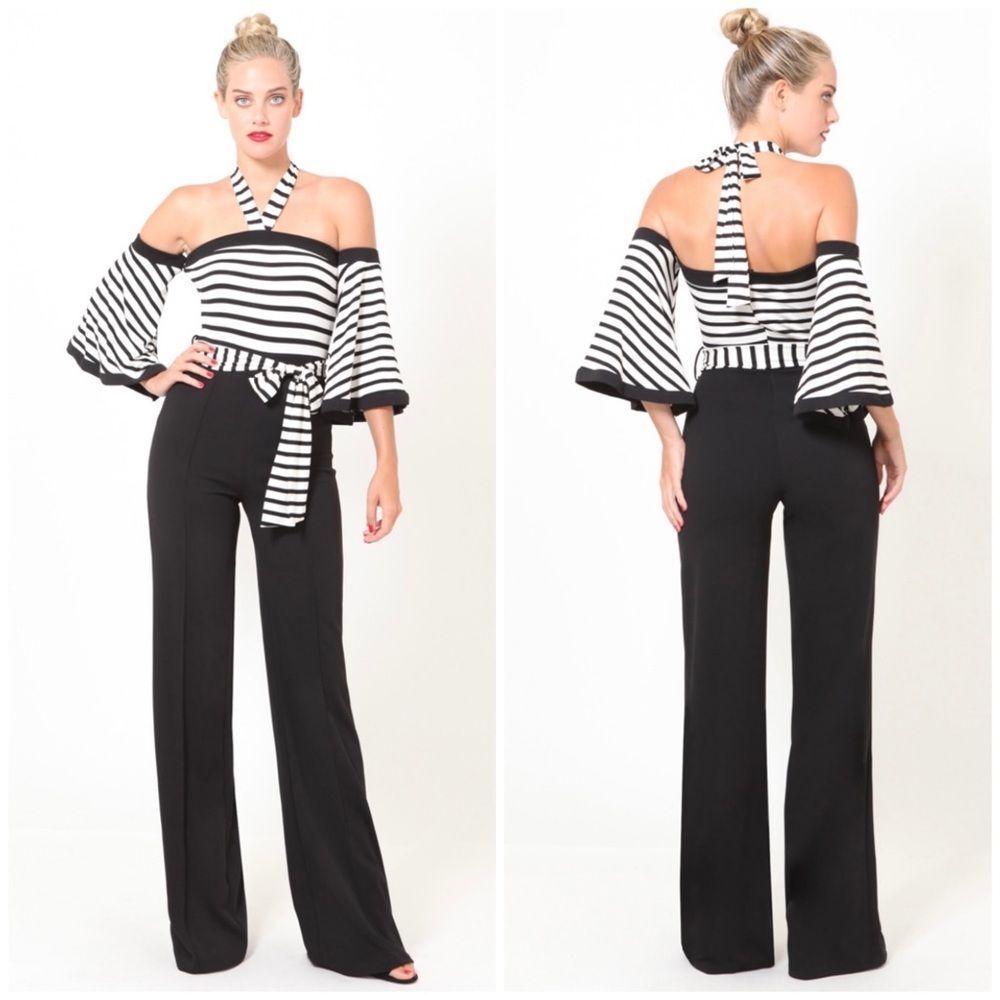 Black & White Part Striped Halter Jumpsuit - Picture 2 of 6
